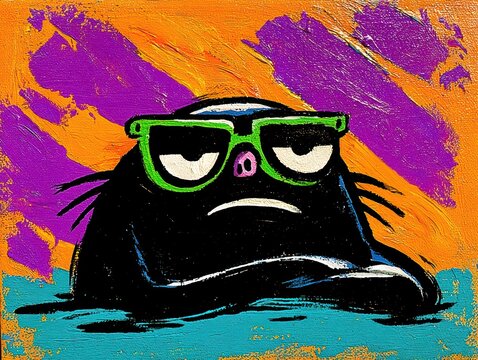 Grumpy black creature in green sunglasses, vibrant abstract background, expressive textured oil painting style
