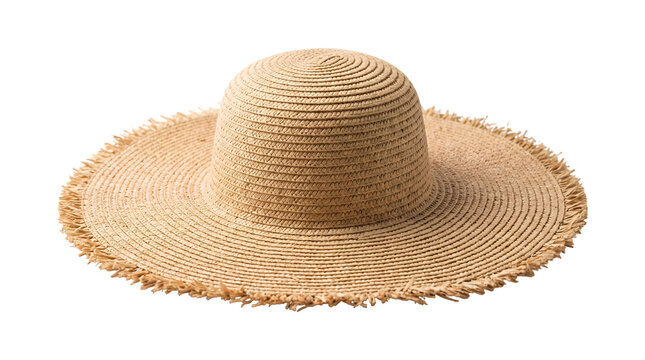 Woven straw sun hat with wide brim and natural frayed edge texture shown as PNG isolated on transparent background