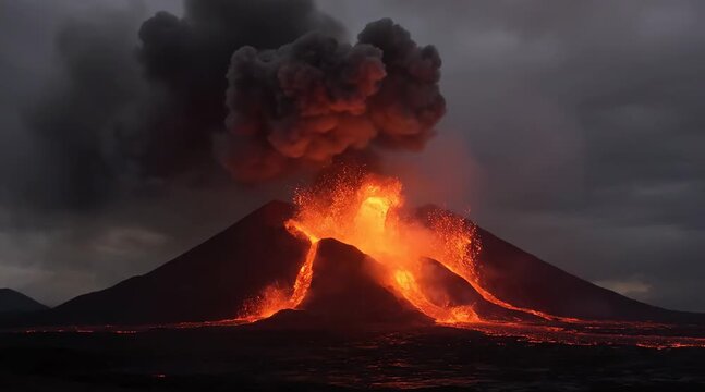 Powerful volcanic eruption spewing fiery lava and a massive ash cloud at dusk.