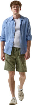 Full body young man walking forward in casual clothes isolated on transparent background. Concept of website hero design, youth services, campus promotion and social media advertising.
