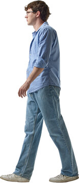 Side view young man walking in blue casual clothes isolated on transparent background. Concept of pedestrian graphics, transport maps, wayfinding systems and urban mobility apps.