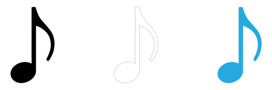 Set of three musical eighth note icons in black outline and blue styles isolated on a white background