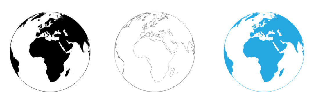 Set of three oval world map projections showing continents in black outline and blue silhouette styles