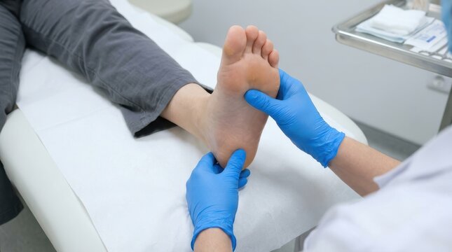 Podiatrist examining patients sole with blue gloved hands for foot health checkup.