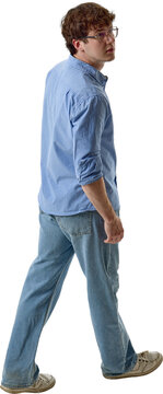 Young man walking and looking back in casual clothes isolated on transparent background. Concept of retargeting ads, attention campaigns, safety messages and directional design.