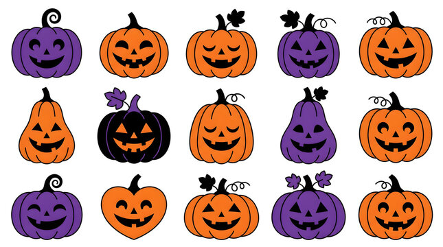 A collection of cute jack o lantern pumpkin illustrations in orange and purple colors isolated on a white background for halloween design projects