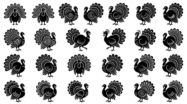 A collection of black and white turkey silhouettes featuring various poses and decorative patterns arranged in a grid for thanksgiving holiday design projects