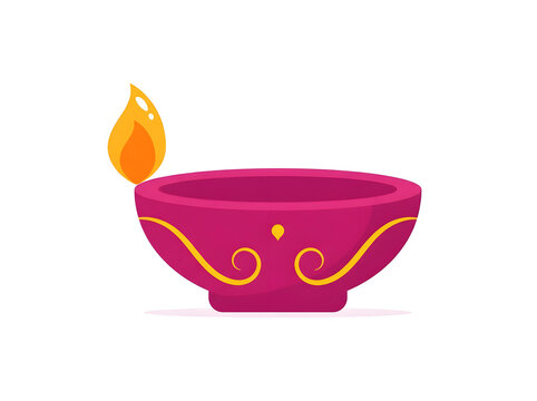 A bright pink traditional clay diya lamp with golden decorative patterns and a glowing orange flame isolated on a simple white background illustration