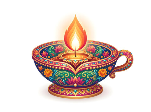 A beautifully decorated traditional indian oil lamp diya with intricate floral patterns and a glowing flame isolated on a clean white background design