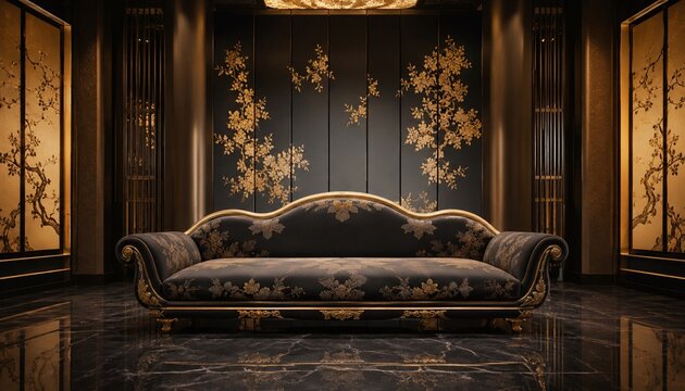 Luxurious black floral sofa in elegant Japanese inspired interior