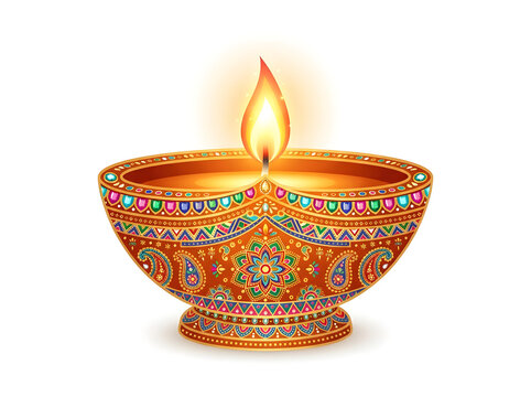 A beautiful traditional indian clay diya lamp decorated with colorful patterns and glowing flame isolated on a white background for diwali festival celebration