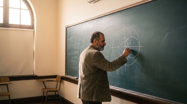 Experienced male teacher drawing geometry on a vintage classroom chalkboard, an educational setting for learning and academic instruction, a focused professor teaching mathematics.