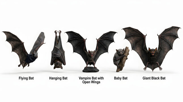 A collection of five different bat poses including flying hanging perched with open wings resting on a branch and a front facing view