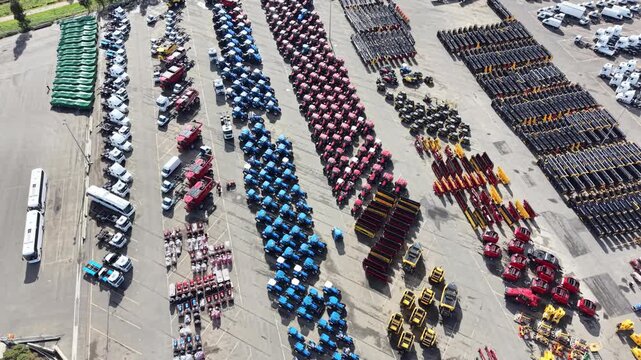 Aerial view of industrial vehicles parking lot