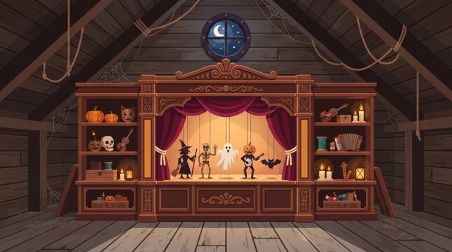 Vintage wooden puppet theater stage with marionettes performing inside a dimly lit dusty attic background