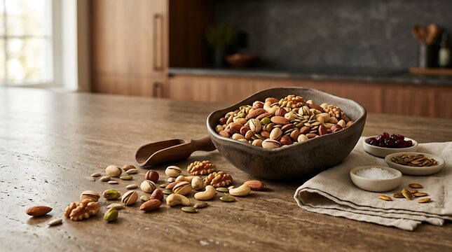 Healthy Mixed Nuts Seeds Ceramic Bowl Rustic Wooden Kitchen Counter
