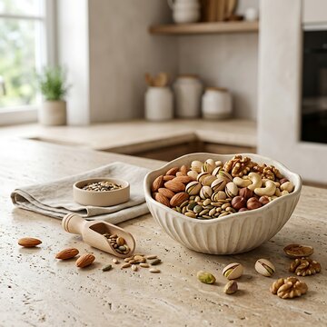 Assorted nuts and seeds in a bowl on a kitchen countertop with wooden scoop
