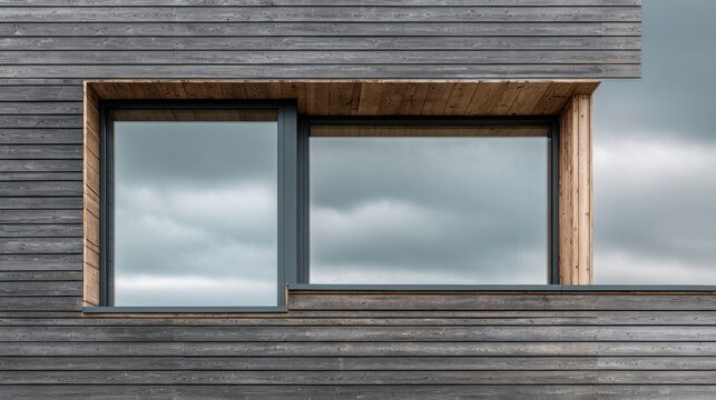 Eco House Modern exterior wall with horizontal wooden cladding and a large rectangular window reflecting a cloudy sky.