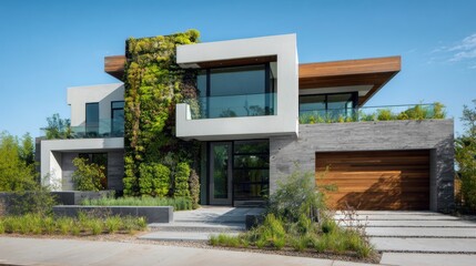 Fototapeta premium Eco House Modern house exterior with stone, wood, and glass elements surrounded by greenery and clear blue sky.