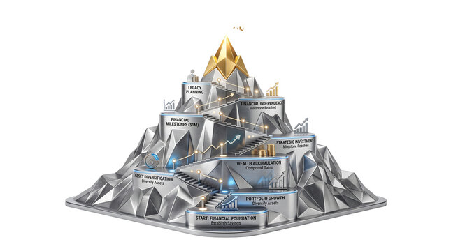 Metallic business mountain peak with gold summit, corporate growth levels and success milestones, 3D financial achievement concept