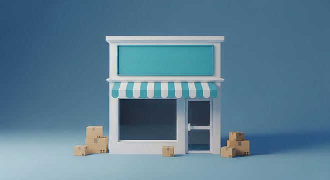 3d render of a small storefront shop with cardboard delivery boxes on a blue background