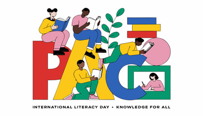 Fototapeta premium Very beautiful colorful realistic vector illustration of books, letters and children learning together, INTERNATIONAL LITERACY DAY • KNOWLEDGE FOR ALL, flat solid colors, no gradients, isolated on whi