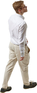 Rear view businessman walking and looking up isolated on transparent background. Concept of career growth, leadership training, corporate change and opportunity campaigns.