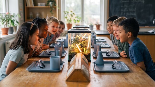 Curious elementary school children observing a terrarium in a classroom, young students engaged in a science lesson, educational activity for kids, learning about nature and ecosystems