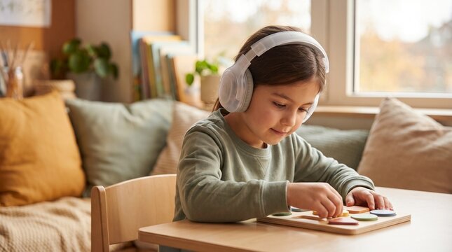 Young girl wearing white headphones, focused on a colorful wooden puzzle, engaged in educational play. Child learning at home, enjoying quiet concentration, a cozy domestic scene.