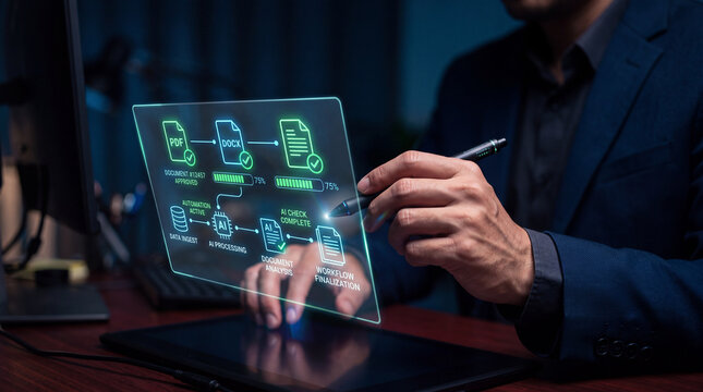 Professional using a stylus on a tablet to interact with a futuristic holographic AI document processing and automated workflow interface