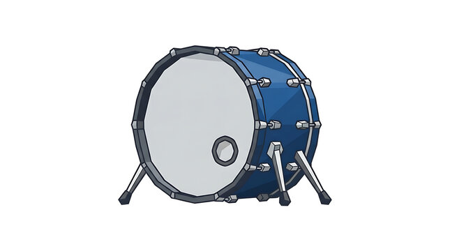 Blue low poly bass drum percussion instrument isolated on plain white background for musical design