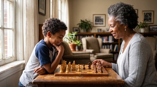 Intergenerational chess game, a grandmother and grandson enjoying a strategic board game, fostering family connection and mental engagement, a heartwarming scene of learning and leisure.