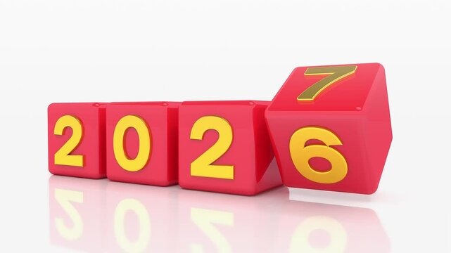 Video animation of red cubes and the years 2026 and 2027 in gold on a white reflective background - represents the new year 2027 - vacation concept.