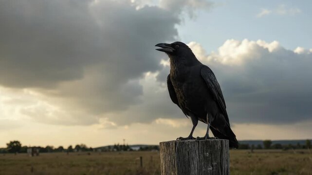 A majestic black crow perches on a wooden post, silhouetted against a dramatic cloudy sky at sunset.