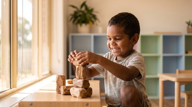 Joyful young mixed-race boy playing with wooden building blocks, happy child engaged in creative play, early childhood education and development, Montessori learning environment.