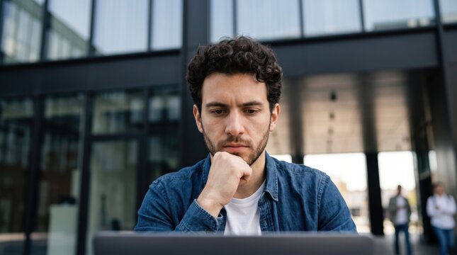 Young man with beard working on laptop outdoors with serious expression.