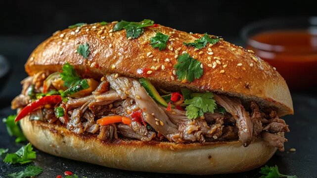 selective focus gourmet Vietnamese banh mi with fresh herbs and pickles video