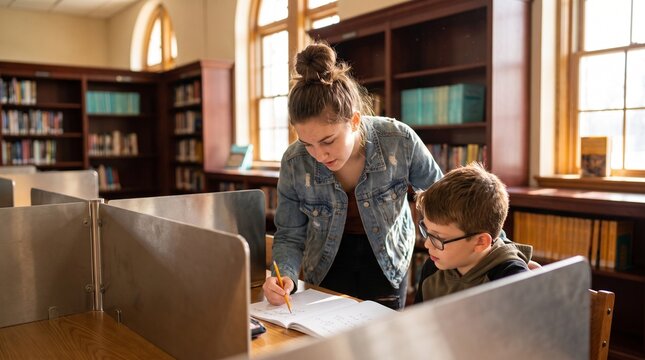 Young woman tutoring a boy in a library, focused learning and educational support, student collaboration in a historic academic setting, studying and homework assistance.