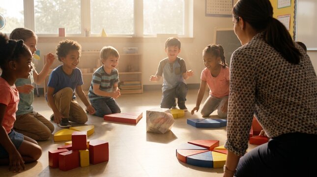 Diverse group of happy preschool children learning and playing with building blocks in a bright classroom. Young kids engaged in educational activities