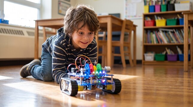 Happy young boy playing with a colorful robot car on a wooden floor, bright classroom background, educational STEM activity for children