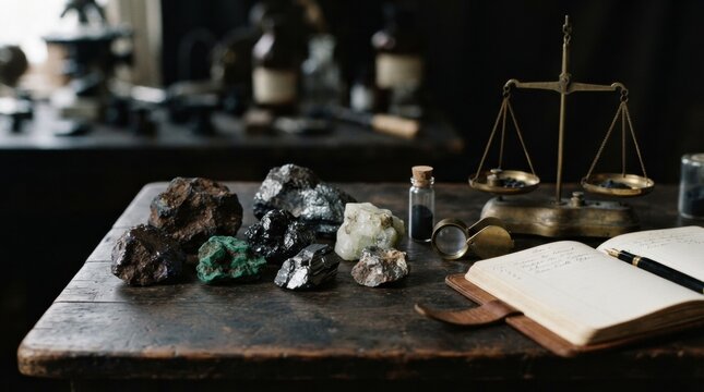 Critical minerals arranged with ore samples, assay vial, magnifying loupe, brass balance scale, and blank ledger notebook on a dark tabletop.