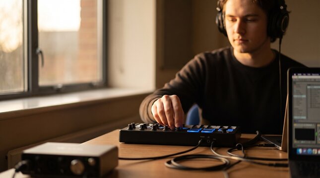 Young man producing music in home studio, wearing headphones, using a MIDI controller and audio interface, warm natural light, creative hobby, music production concept