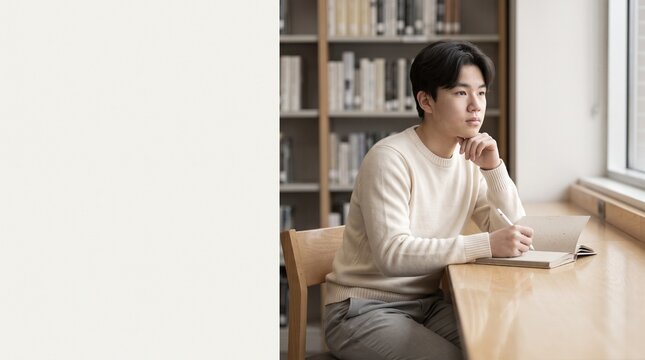 Thoughtful young Asian man studying in a library, looking out a window, holding a pen and notebook, with a bookshelf background, ideal for education and lifestyle content