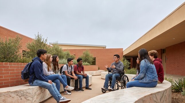 Diverse group of high school students sitting outdoors, engaged in a discussion with a male student in a wheelchair, modern school building background, educational setting, wide shot