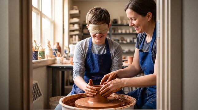 Joyful pottery class, blindfolded woman learning to throw clay on a wheel, smiling instructor guiding hands, creative hobby in a bright studio, warm natural light, authentic craft experience