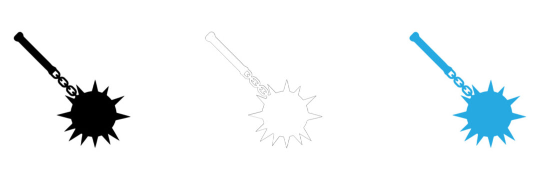 Set of three medieval flail weapon icons featuring black silhouette outline and blue color variations on white background