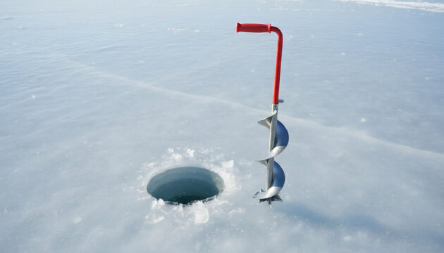 Ice fishing auger with a red handle standing upright on a frozen lake next to a freshly drilled hole. The metal spiral drill bit rests on the smooth, white ice surface under bright daylight. 