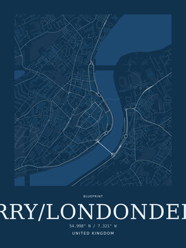 Derry londonderry city map blueprint poster, minimalist street map art of northern ireland, urban cartography design, modern travel wall decor