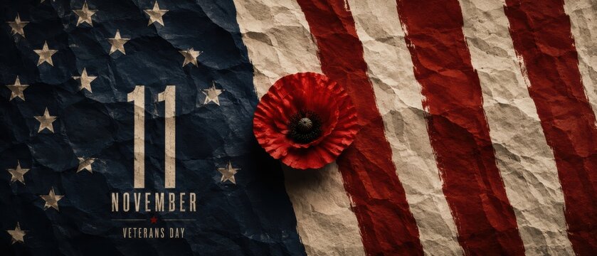 distressed American flag background with red poppy and November 11 Veterans Day typography