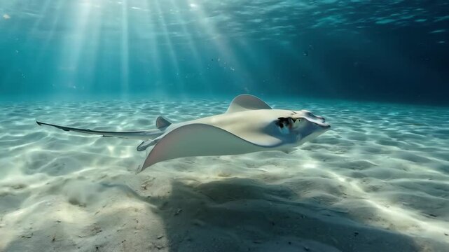 Graceful stingray glides over a sunlit sandy seabed in clear turquoise water.